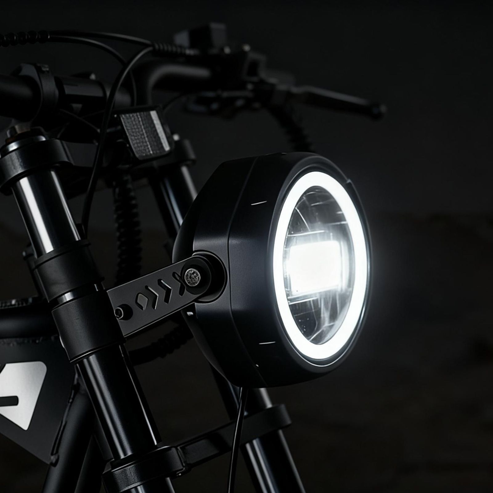 Primo piano del faro rotondo e luminoso di una bici cargo elettrica. Corpo nero, luce bianca.