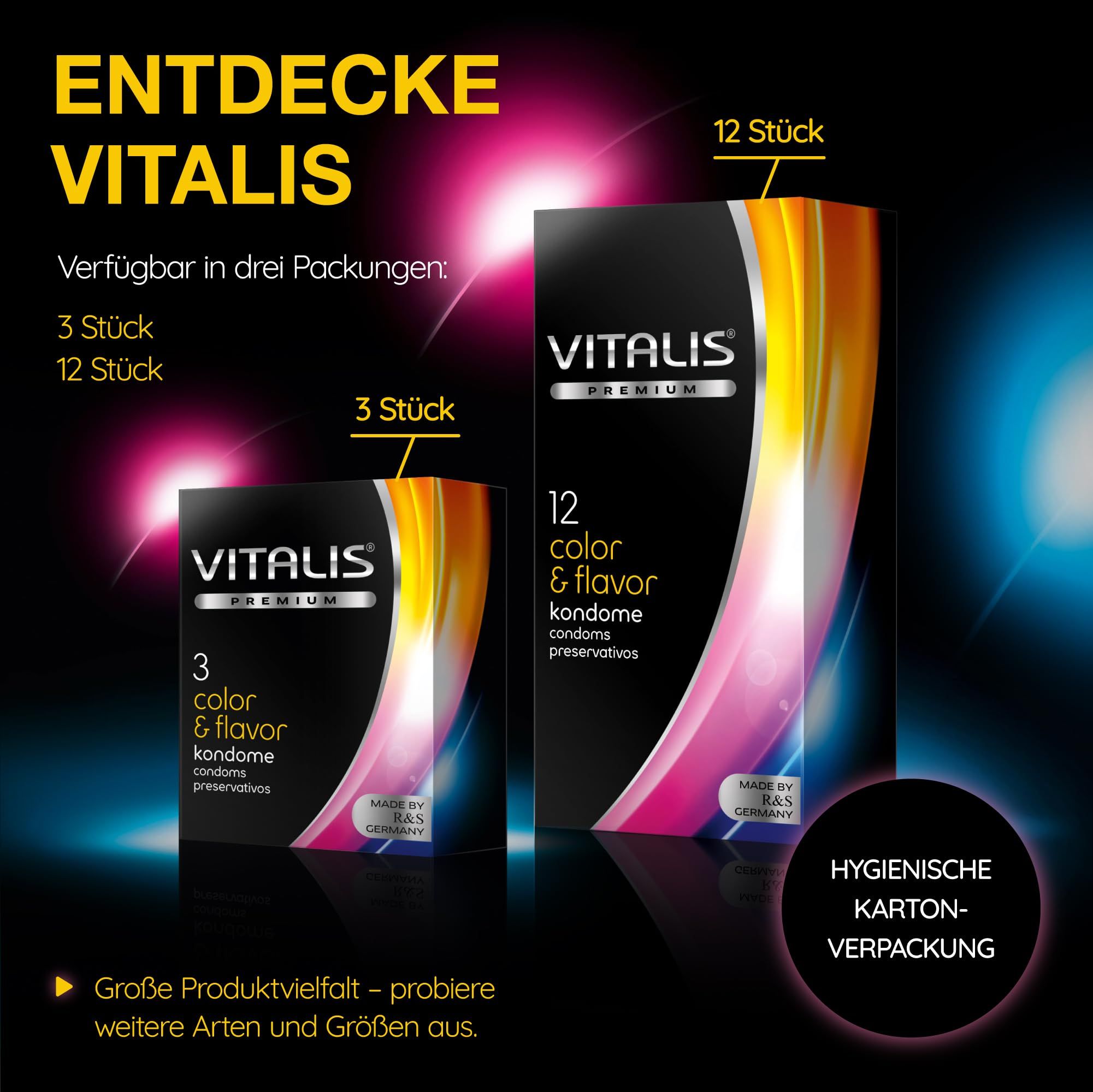 Preservativi Vitalis Color & Flavor confezioni da 12 e 3 pezzi.