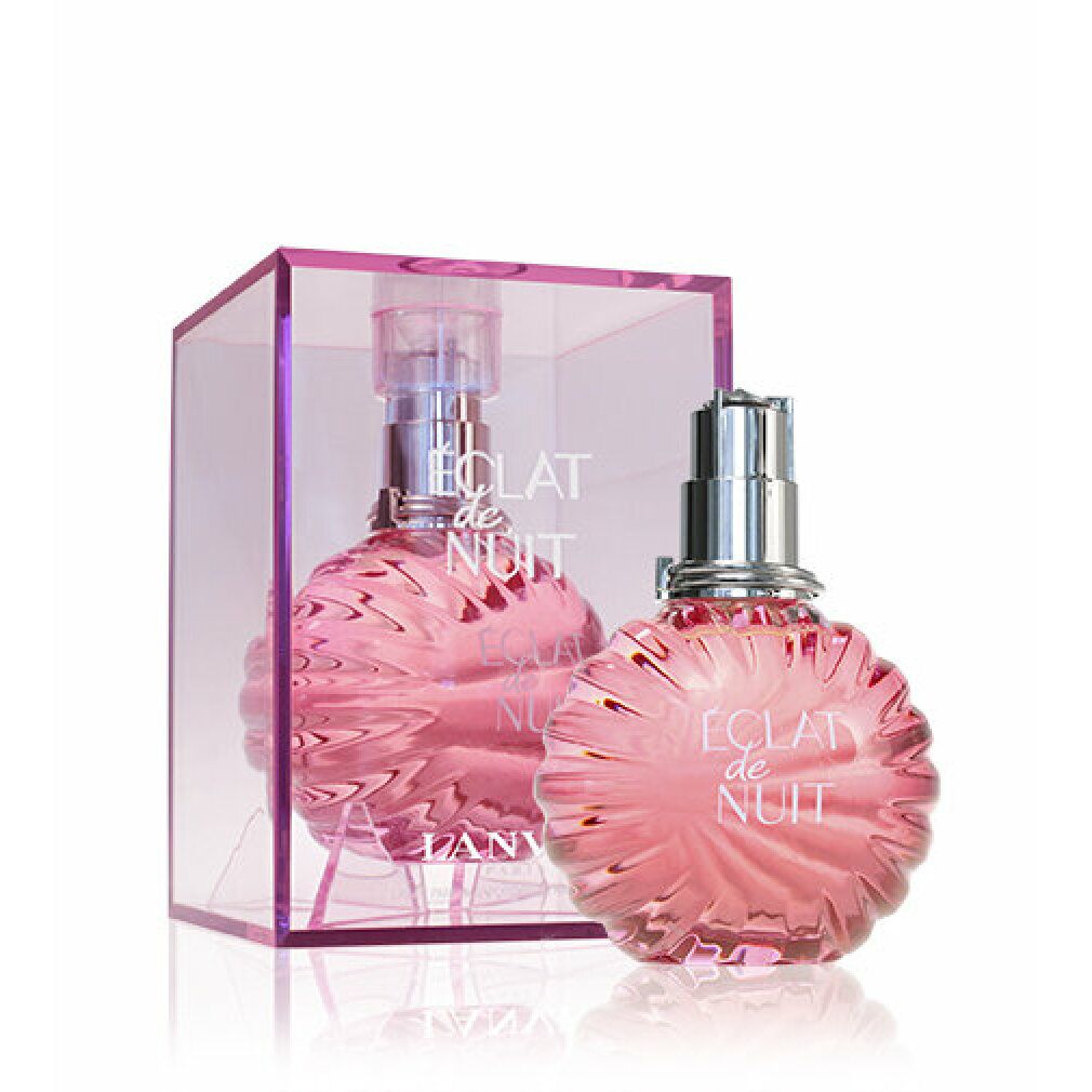 Flacone rosa in scatola trasparente. Scritta: ÉCLAT DE NUIT, LANVIN. Flacone con vaporizzatore argentato.