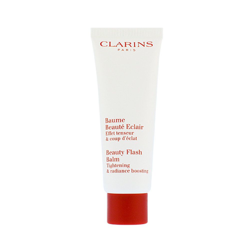 Tubo bianco con tappo rosso. Scritta: Clarins, Baume Beauté Eclair, Beauty Flash Balm. Testo in francese e inglese.