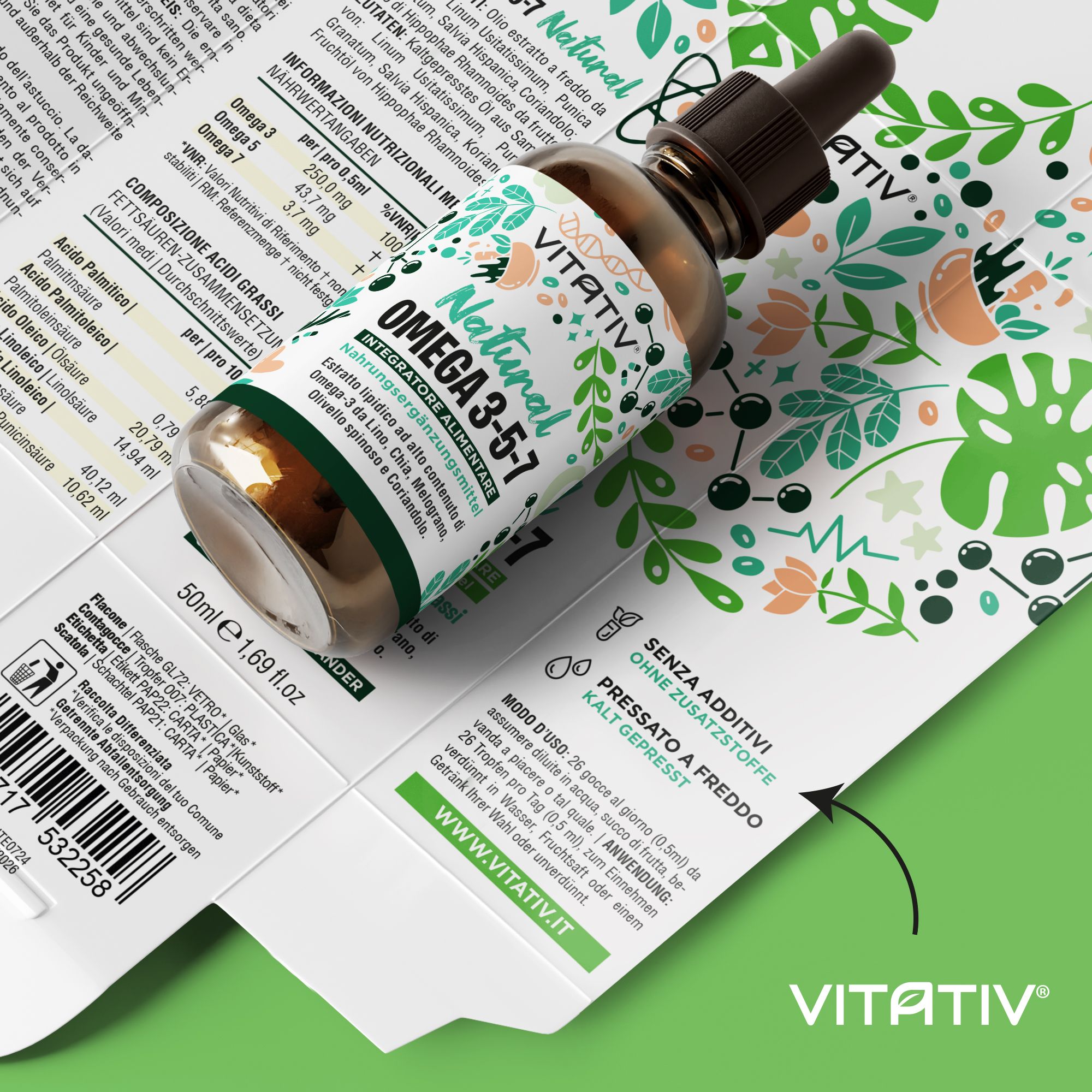 Vitativ® Omega 3-5-7 | Fonte Vegetale Acidi Grassi Omega con Acido Oleico, Linoleico, Alfa Linoleico