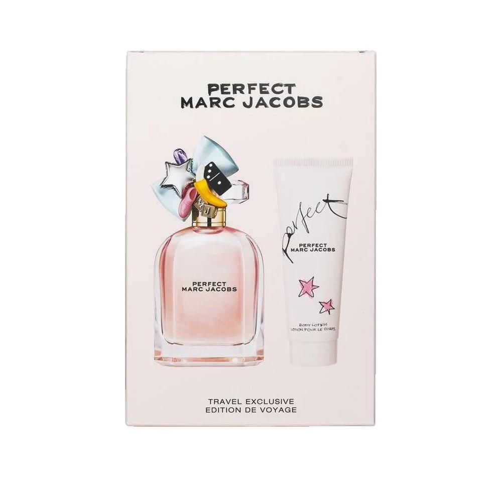 Set regalo con flacone di profumo e lozione per il corpo. Flacone con decorazioni colorate. Confezione con nome del prodotto e testo.