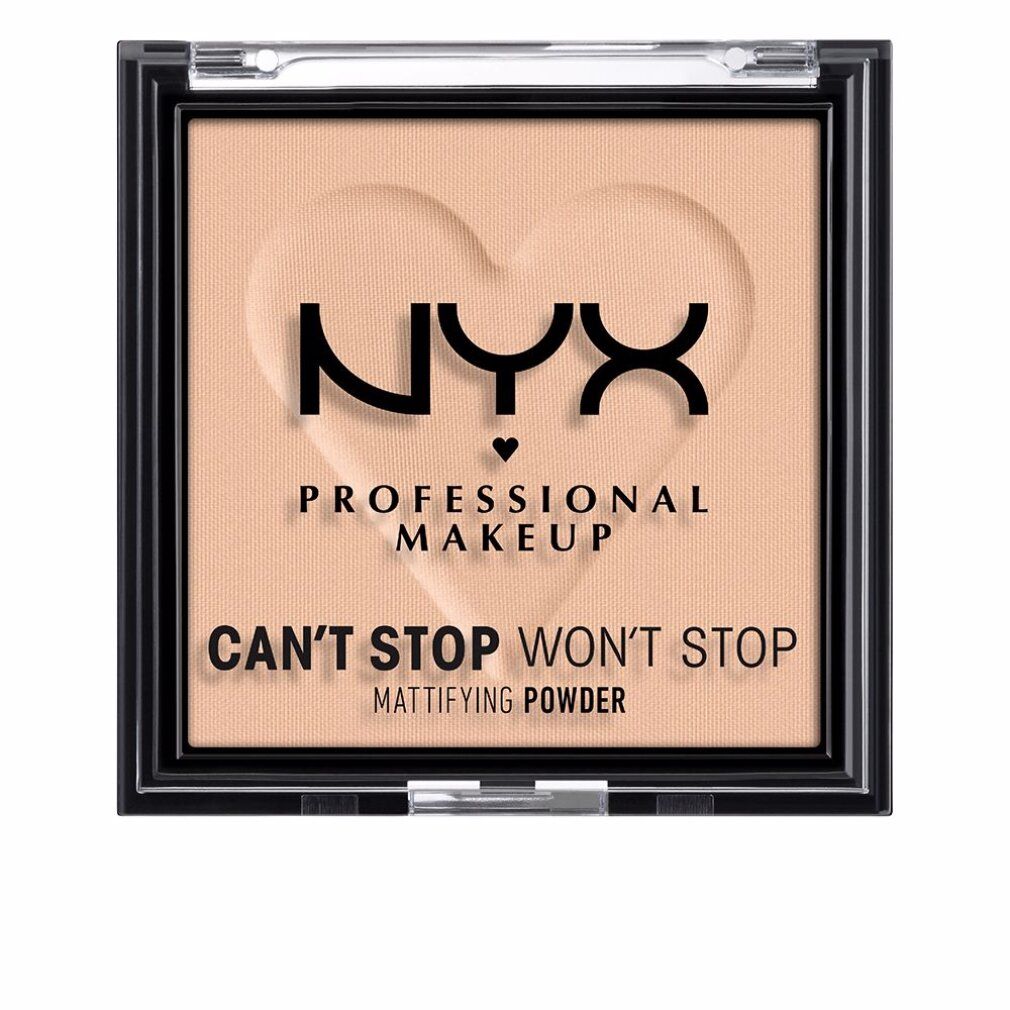 Cipria compatta in confezione quadrata. Design a forma di cuore sulla superficie. Scritta: NYX PROFESSIONAL MAKEUP, CAN'T STOP WON'T STOP MATTIFYING POWDER.
