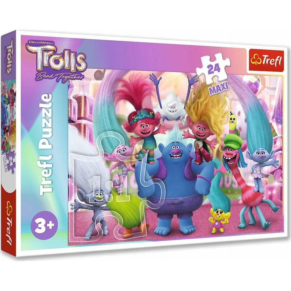 Puzzle Trefl Trolls, 24 pezzi. Confezione con personaggi Trolls. Logo e età consigliata 3+.