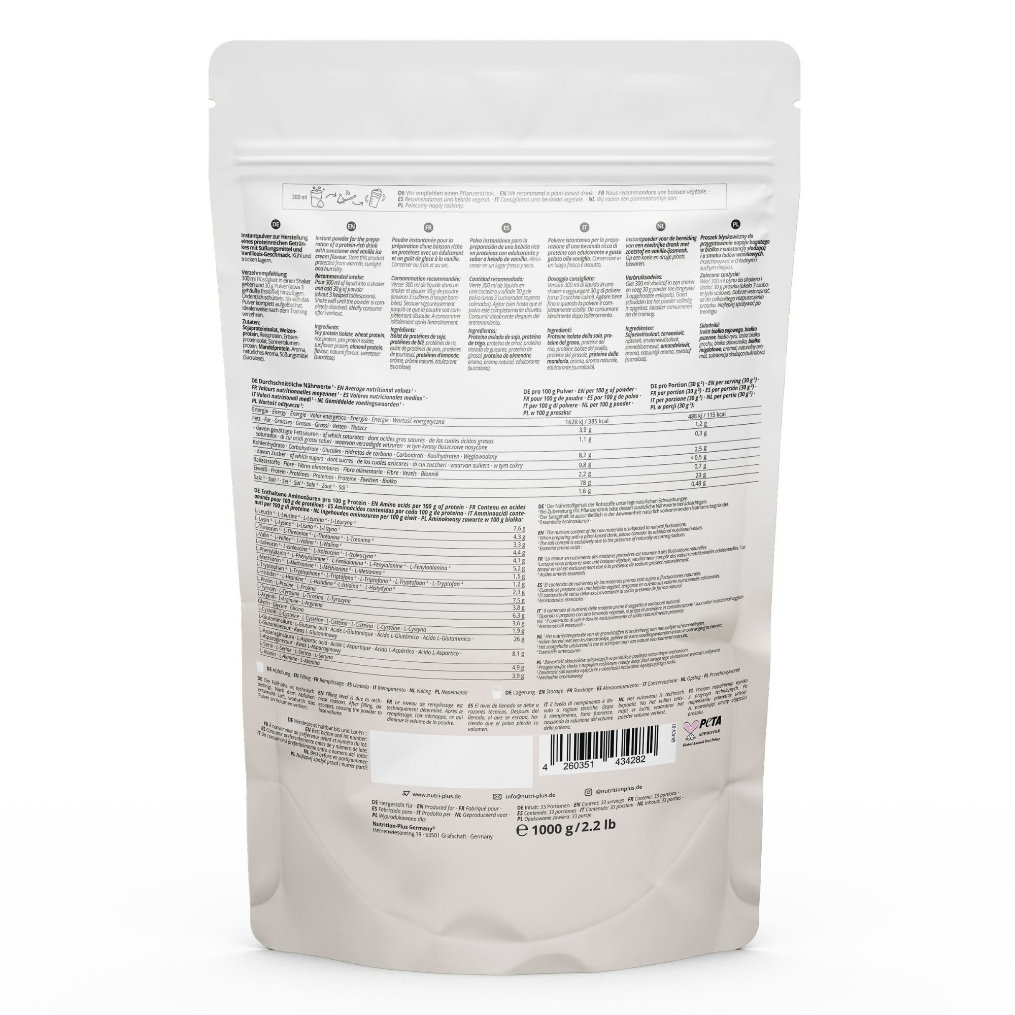 Retro di una confezione di proteine in polvere nutri+ 6K con informazioni dettagliate e valori nutrizionali.