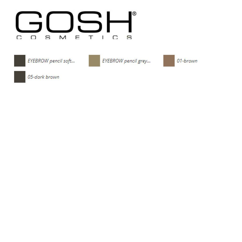 Logo GOSH. Tavolozza colori matite sopracciglia: Soft Black, Dark Brown, Grey e Brown.