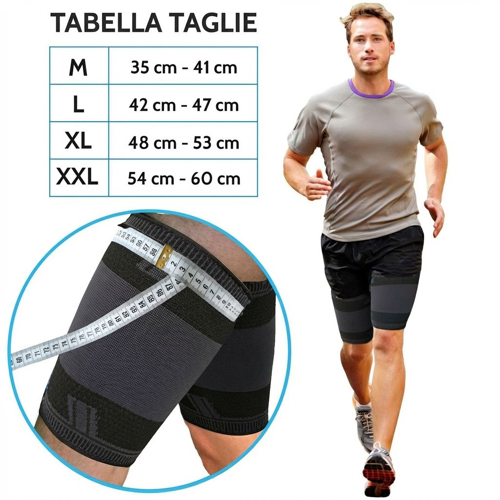 Bendaggio per coscia con tabella taglie. Taglie: M (35-41 cm), L (42-47 cm), XL (48-53 cm), XXL (54-60 cm).