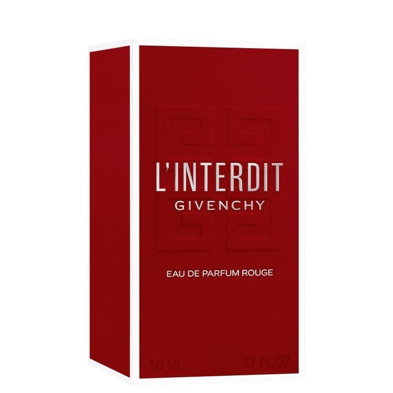 Confezione rossa Givenchy L'Interdit Eau de Parfum Rouge. Cornice bianca, logo in rilievo. Testo: Eau de Parfum Rouge, 50 ml.