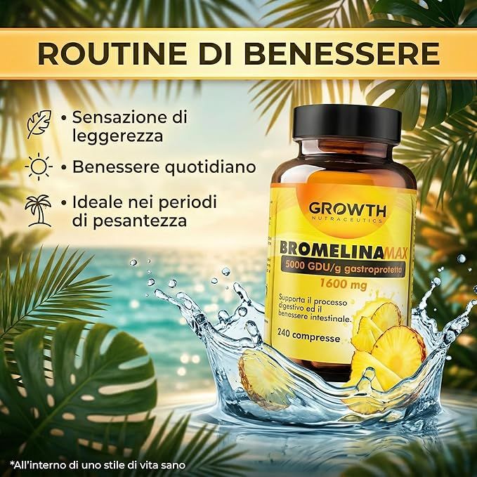 Flacone Bromelina in acqua. Testo: Routine benessere. Prodotto: GROWTH Bromelina MAX, 240 compresse. Sfondo spiaggia.