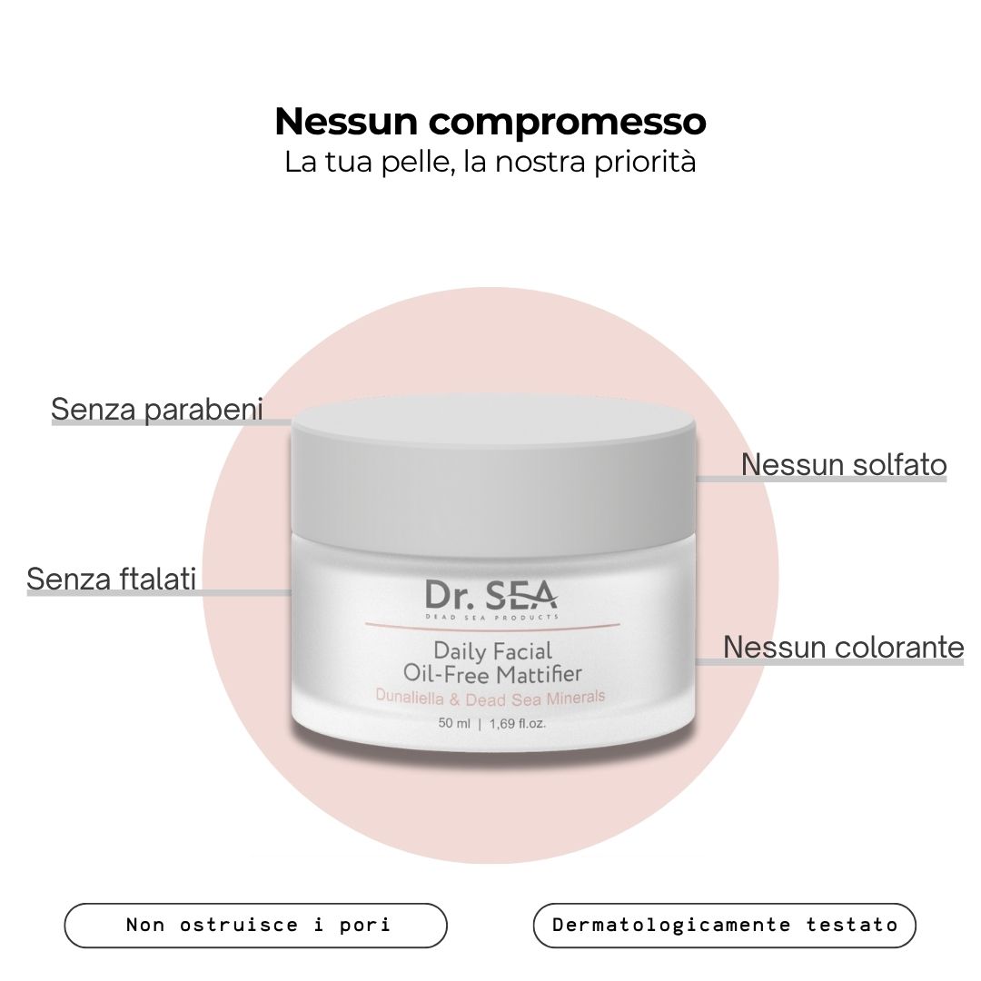 Vasetto di crema con testo. Testo: Nessun compromesso, Senza parabeni, Senza ftalati, Senza solfati, Senza coloranti.