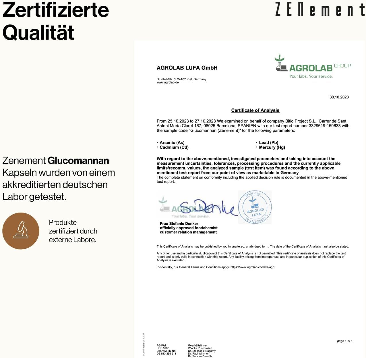Certificato di AGROLAB LUFA GmbH. Testo: Le capsule Zenement Glucomannan sono state testate da un laboratorio tedesco accreditato.