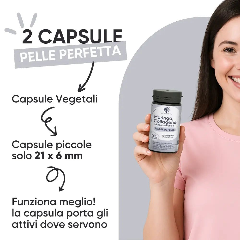 Donna tiene un flacone di capsule. Testo: RedMoringa, Moringa Collagene e Acido Ialuronico. Capsule piccole, 21 x 6 mm.