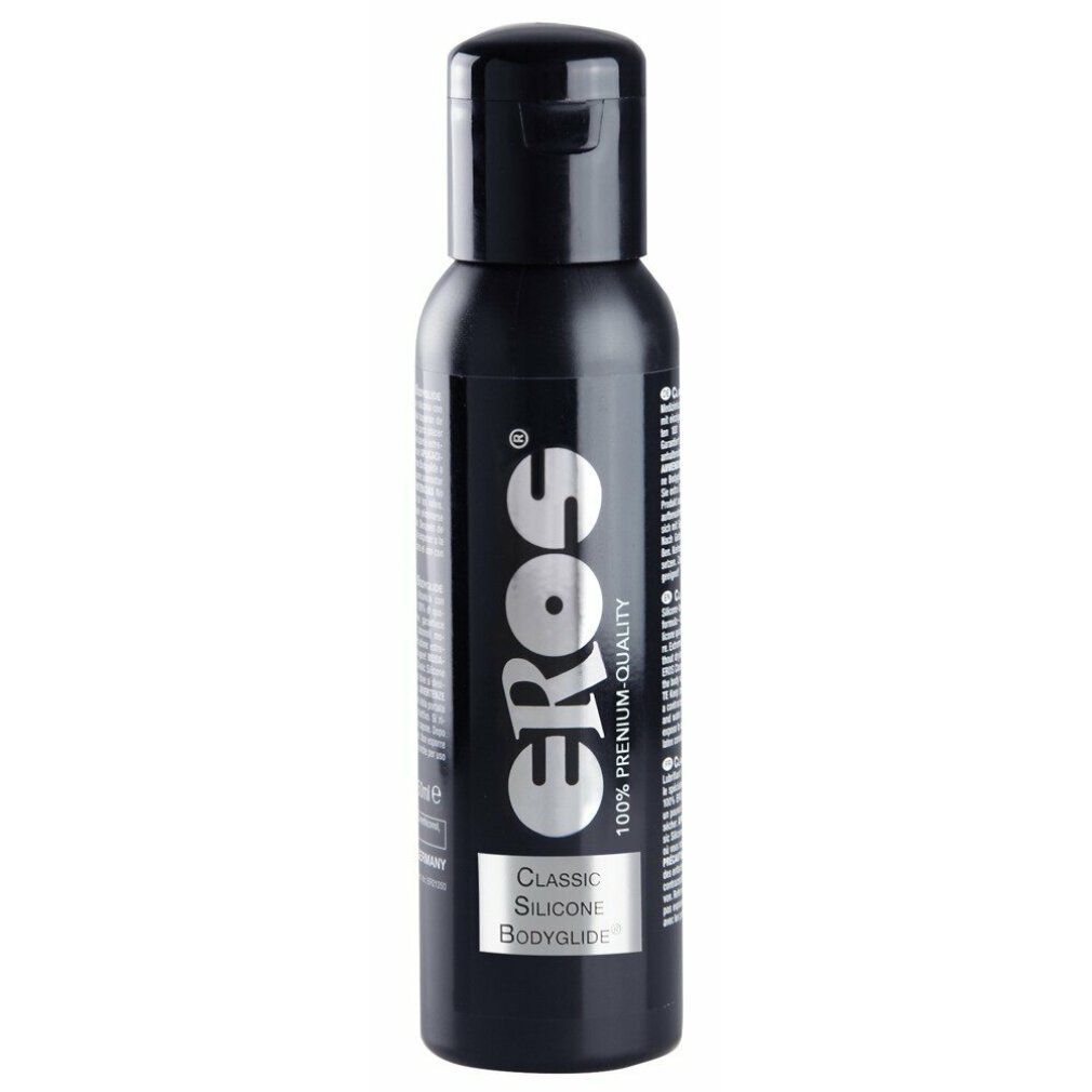Flacone nero con tappo nero. Scritta "eros" e "CLASSIC SILICONE Bodyglide".