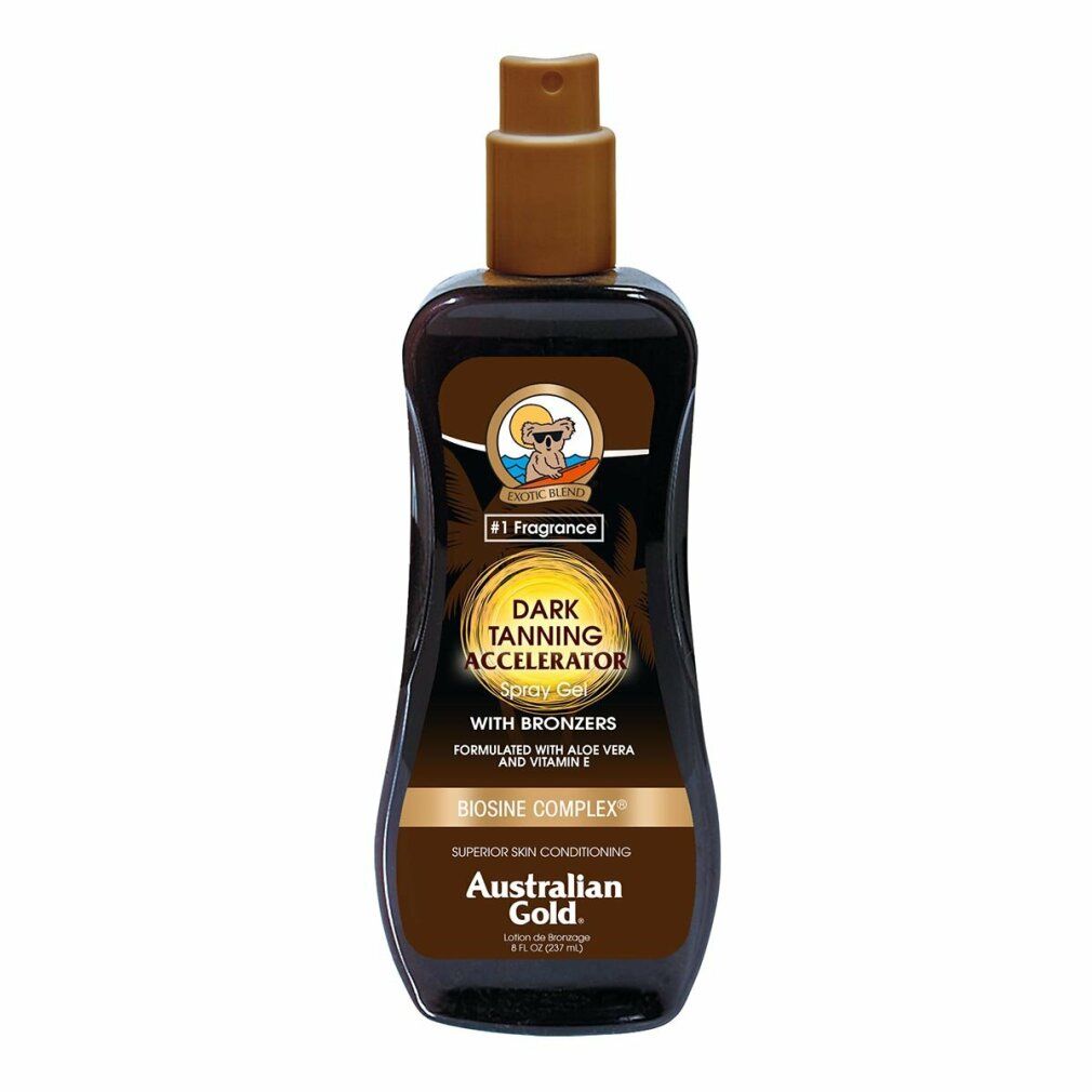 Gel spray scuro con bronzer. Flacone con erogatore marrone. Scritta: Australian Gold, Dark Tanning Accelerator.