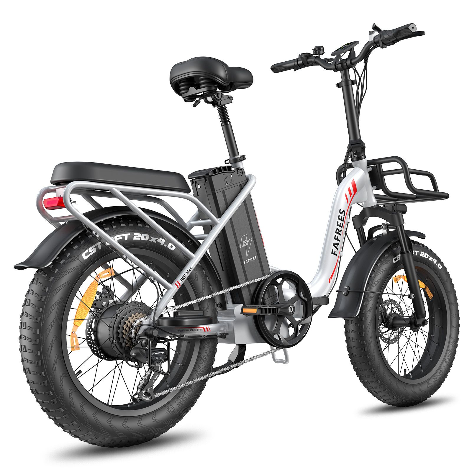 E-bike pieghevole bianca, sella e pneumatici neri. Logo FAFREES visibile. Portapacchi.