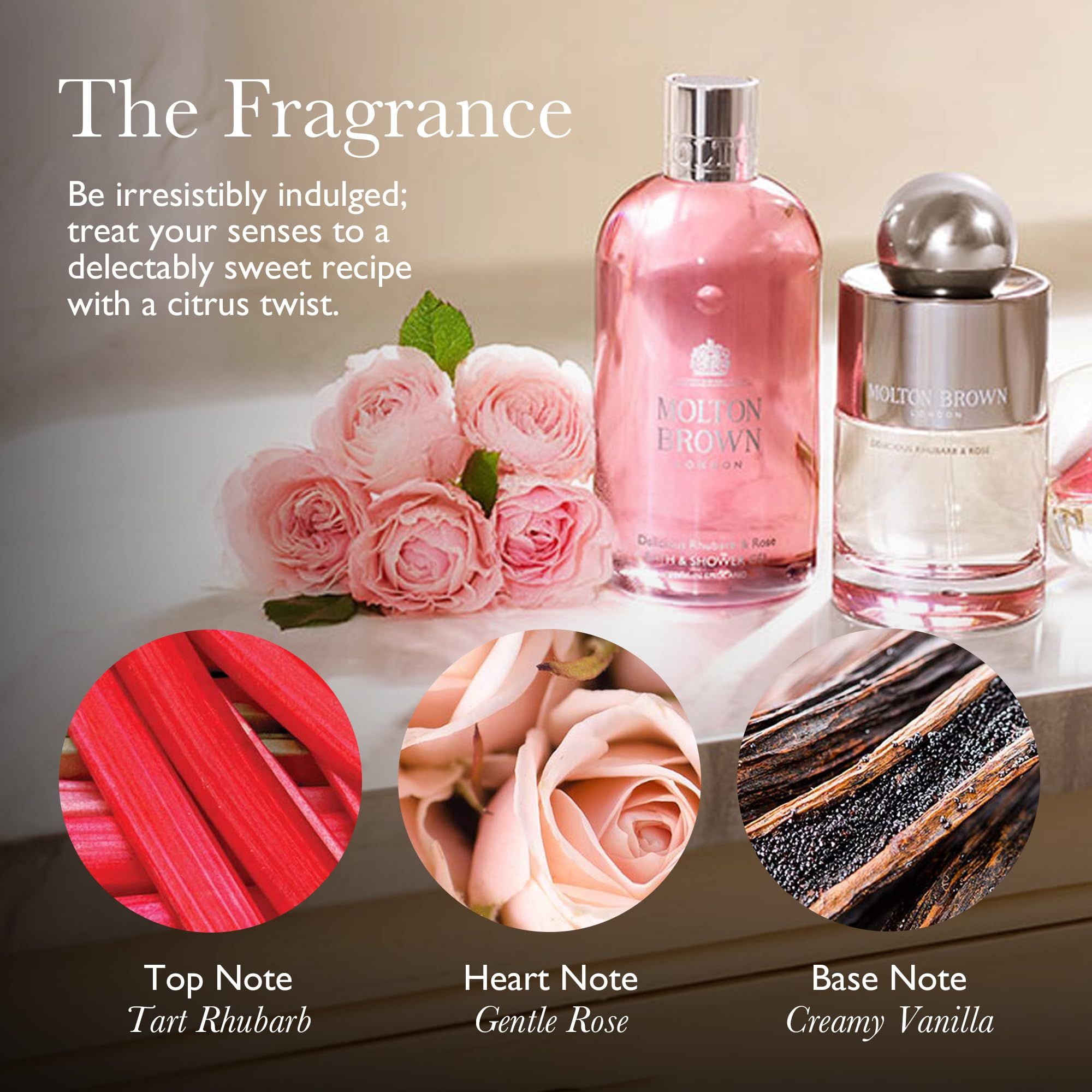 Immagine del prodotto con ingredienti. Rose, rabarbaro e vaniglia. Testo: Top Note Tart Rhubarb, Heart Note Gentle Rose, Base Note Creamy Vanilla.