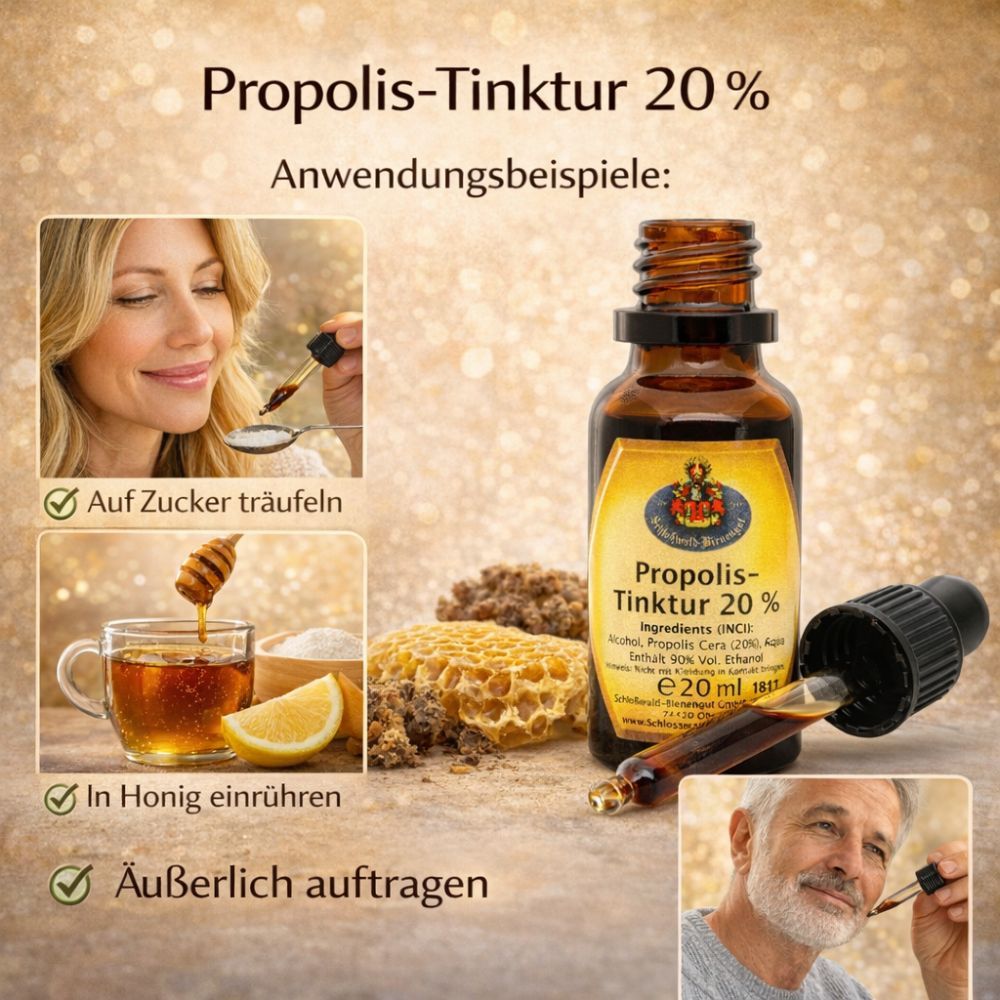 Flacone di vetro marrone con etichetta gialla. Contagocce ed esempi di utilizzo. Testo: Propolis-Tinktur 20%.