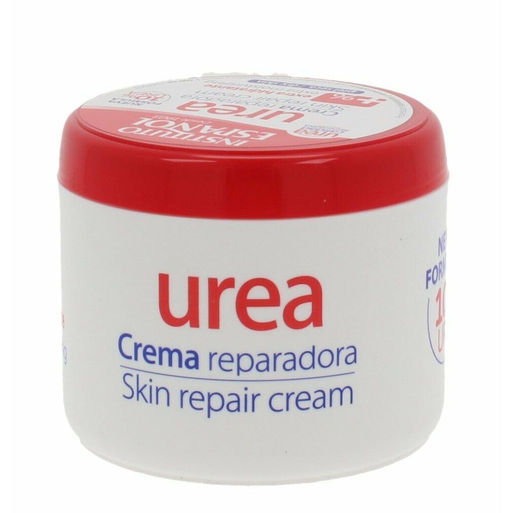 Vasetto bianco con coperchio rosso. Scritta: Urea, Crema riparatrice, Skin repair cream. 10% Urea. Instituto Español.