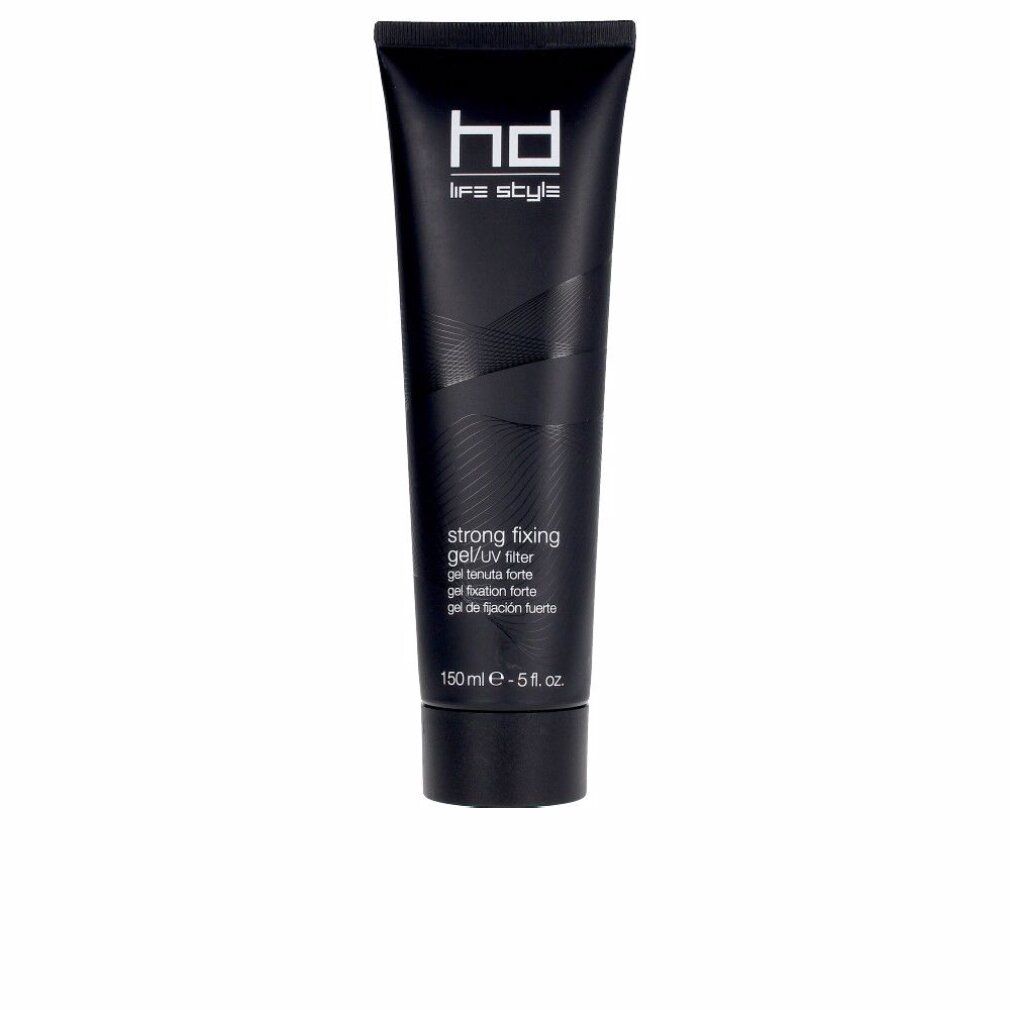 Tubo nero con logo "hd life style". Testo: "strong fixing gel/UV filter". Volume: 150 ml. Confezione del prodotto.