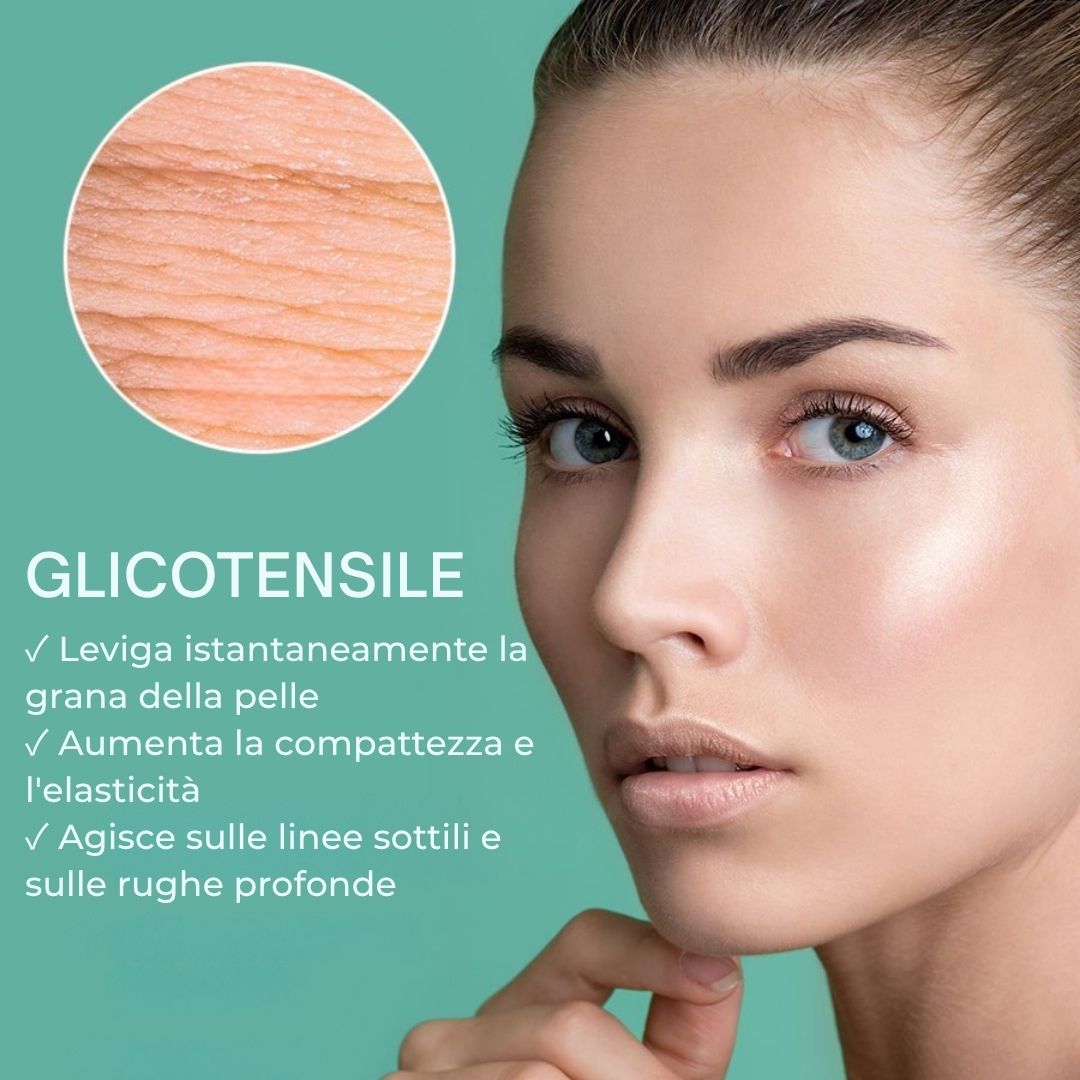 Primo piano di un viso. Testo: Glycotensile. Leviga istantaneamente la grana della pelle.