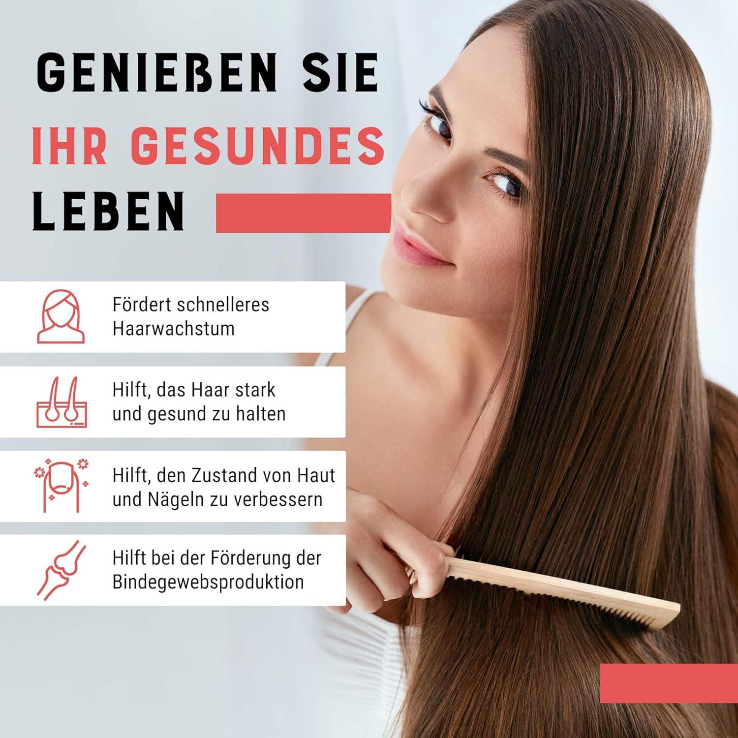 Donna si pettina. Testo: Favorisce la crescita dei capelli, mantiene i capelli sani, migliora la pelle e le unghie.