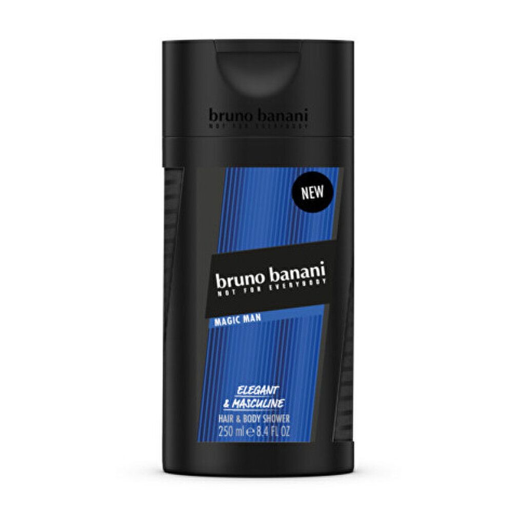 Flacone nero con etichetta blu. Scritta: Bruno Banani Magic Man, Hair & Body Shower. Con adesivo "NEW".