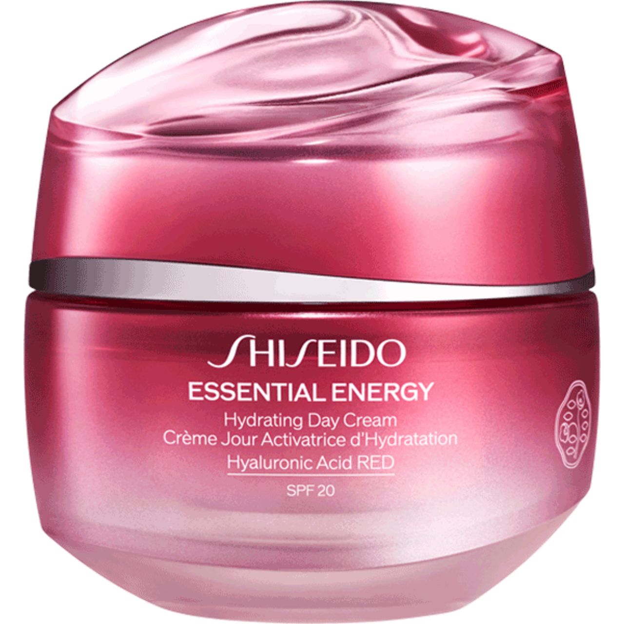 Vasetto rosso Shiseido Essential Energy Hydrating Day Cream SPF 20. Coperchio rosa, anello argentato, base rosa. Testo sul vasetto.
