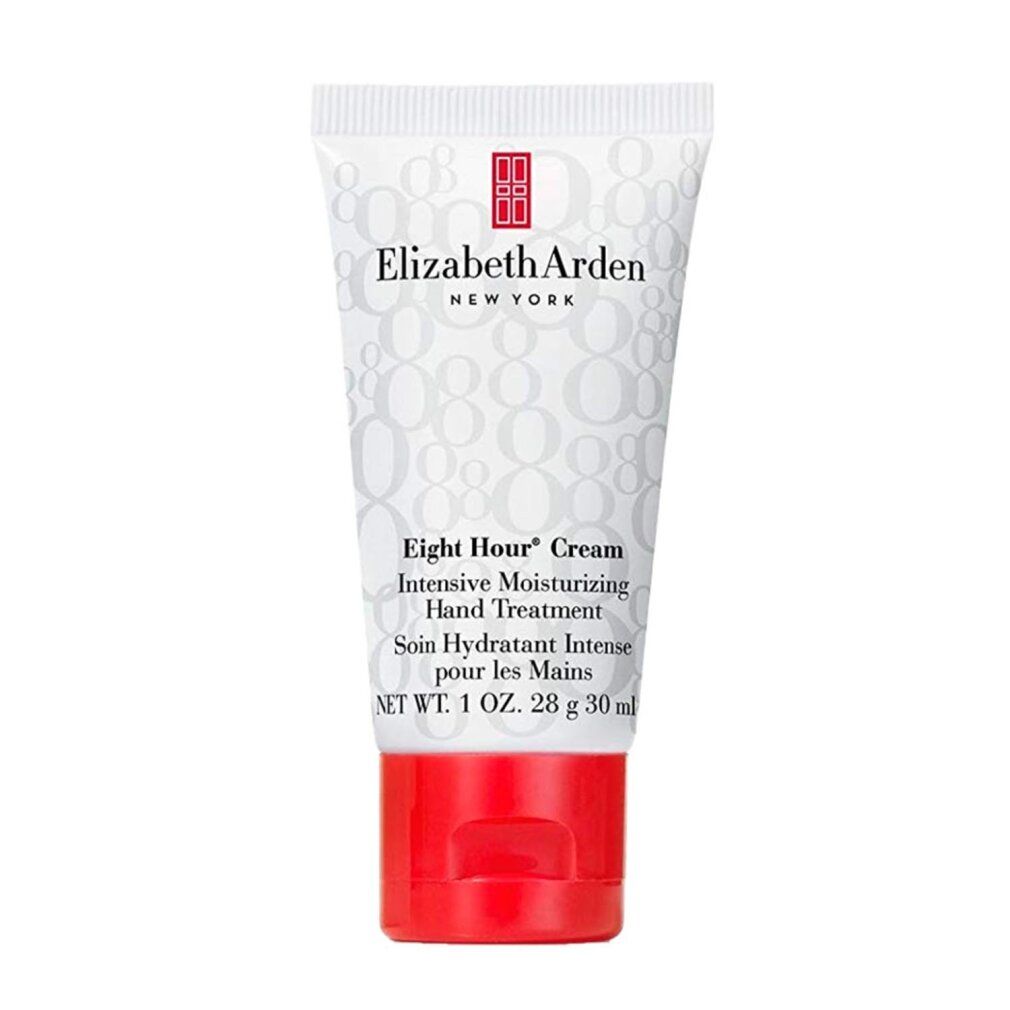 Tubo bianco con tappo rosso. Scritta: Elizabeth Arden, Eight Hour Cream, Trattamento Mani Idratante Intensivo.