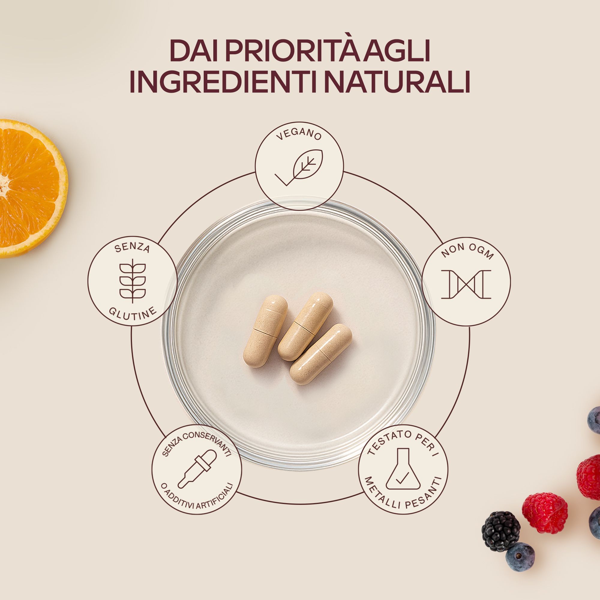 Retro di un flacone di capsule. Informazioni nutrizionali. Peso: 165 g.