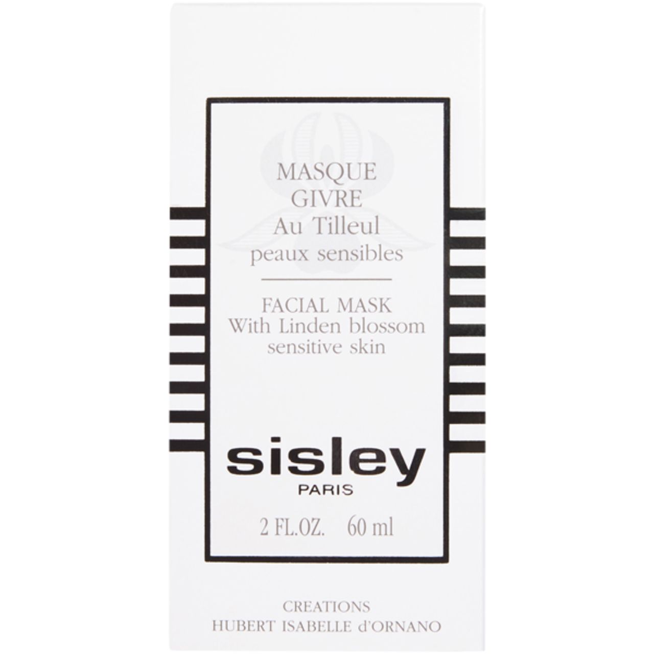 Confezione bianca con testo nero. Contiene Sisley Masque Givre au Tilleul. Testo: Facial Mask with Linden blossom sensitive skin. 2 FL.OZ. 60 ml.