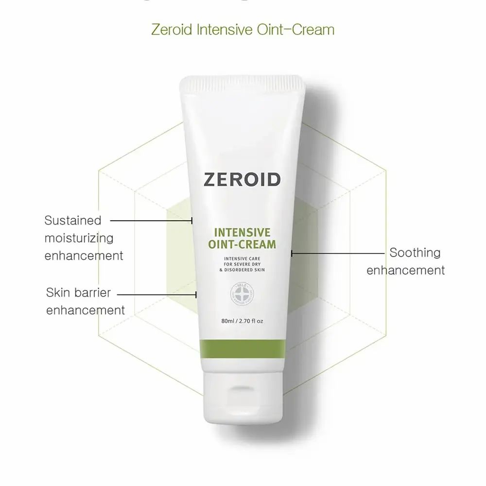 Tubo bianco con fascia verde. Scritta ZEROID, INTENSIVE OINT-CREAM. Diagramma con caratteristiche del prodotto.