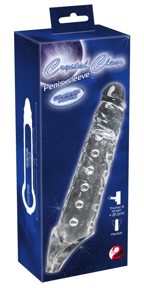 Confezione Crystal Clear Penis Sleeve con immagine del prodotto e indicazioni sulle dimensioni.