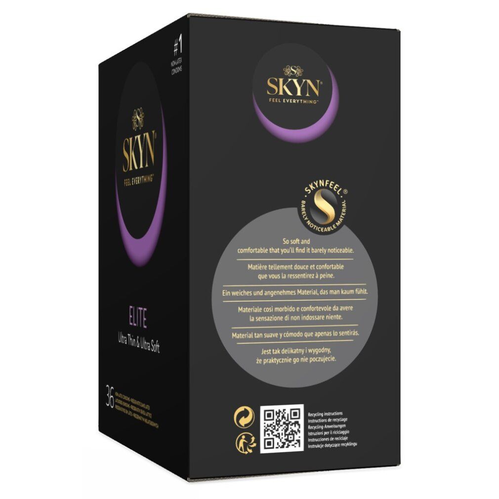 Confezione di preservativi SKYN Elite Ultra Thin & Ultra Soft. Contiene 36 pezzi. Testo: Così morbido e confortevole.