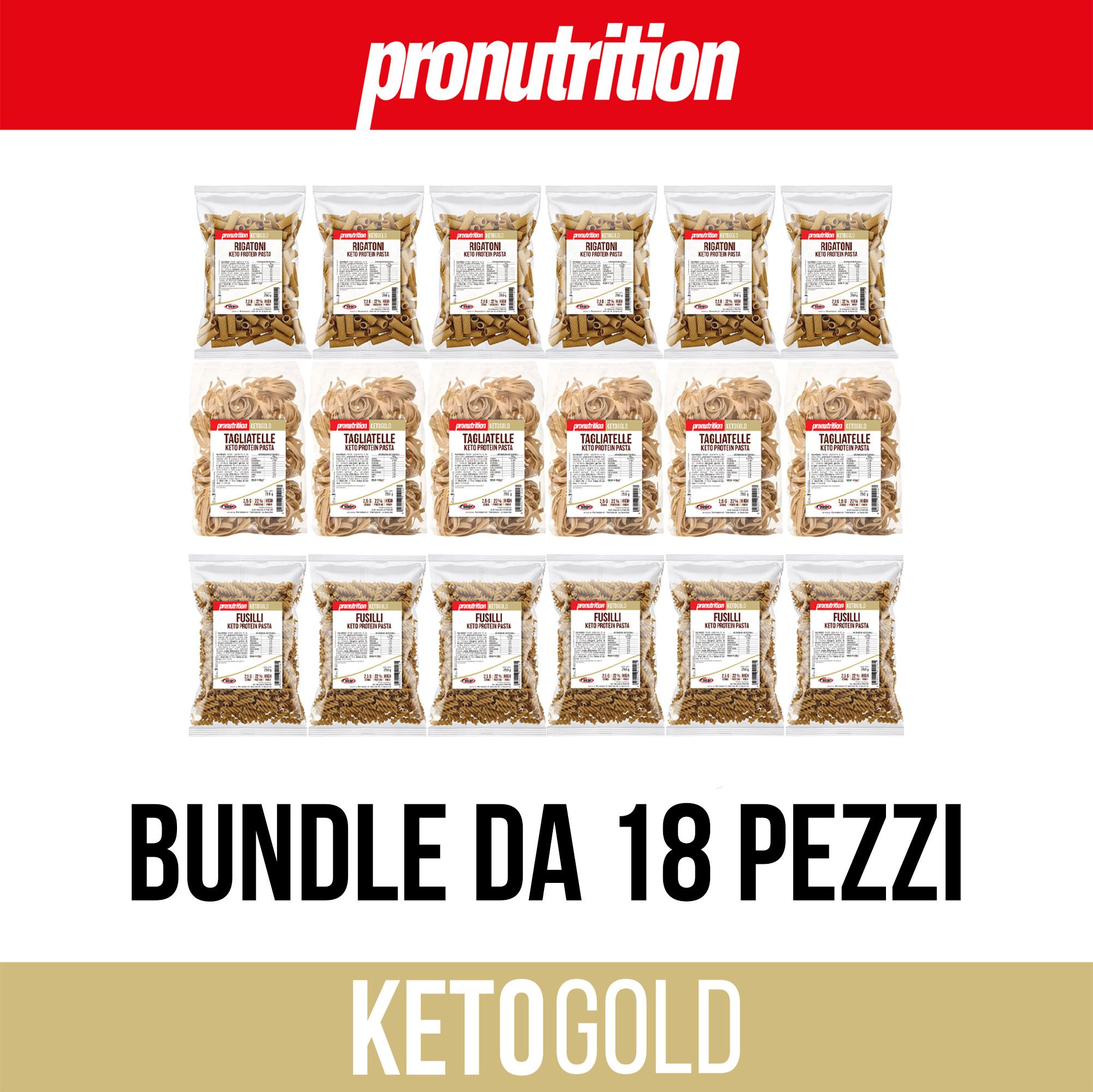 18 confezioni di pasta. Scritta: Bundle da 18 pezzi, Ketogold. Marchio: Pronutrition.