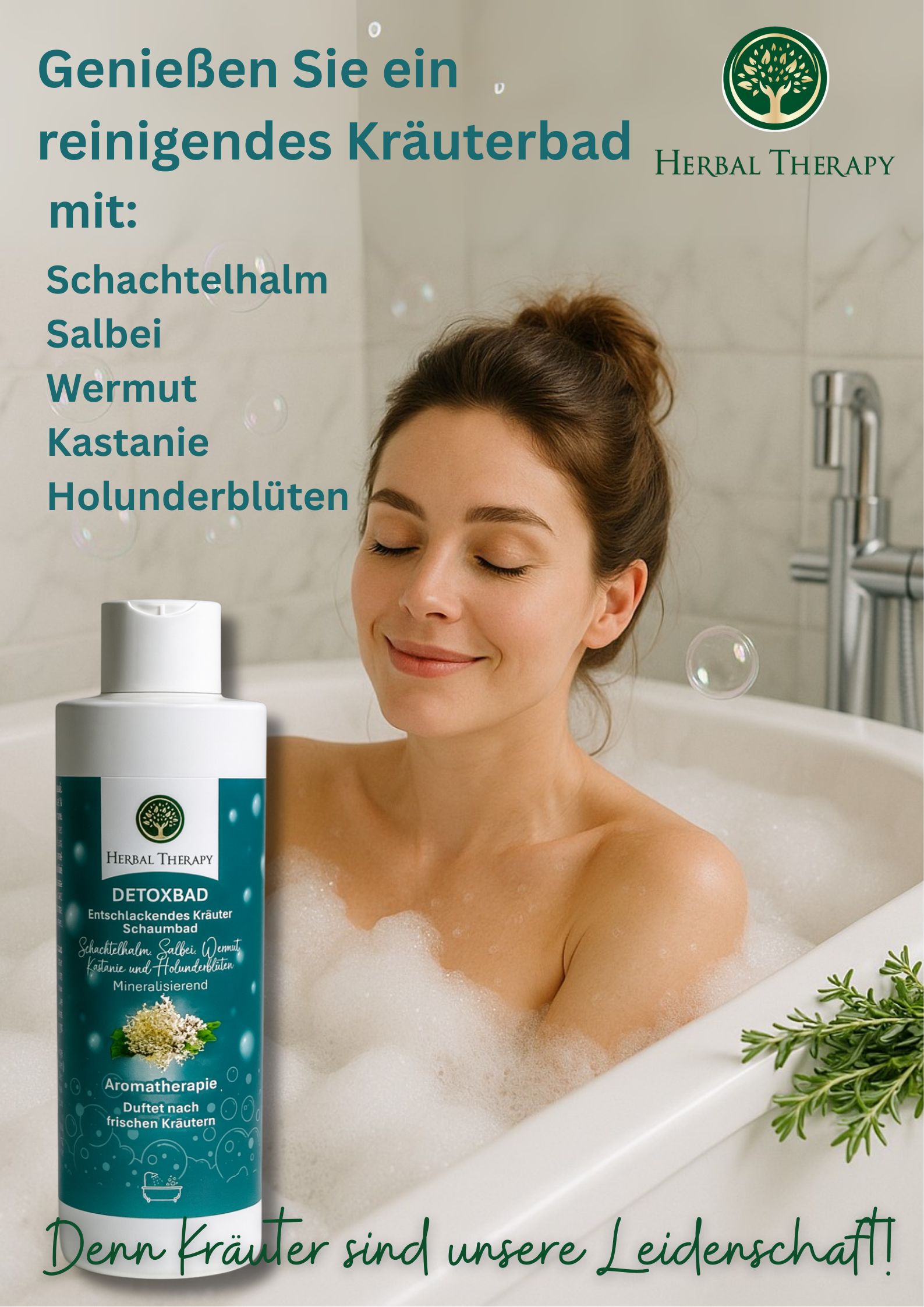 Bottiglia verde con tappo bianco. Etichetta con nome del prodotto, erbe e logo. Testo: Detoxbad, bagno schiuma alle erbe, aromaterapia. Donna nella vasca.