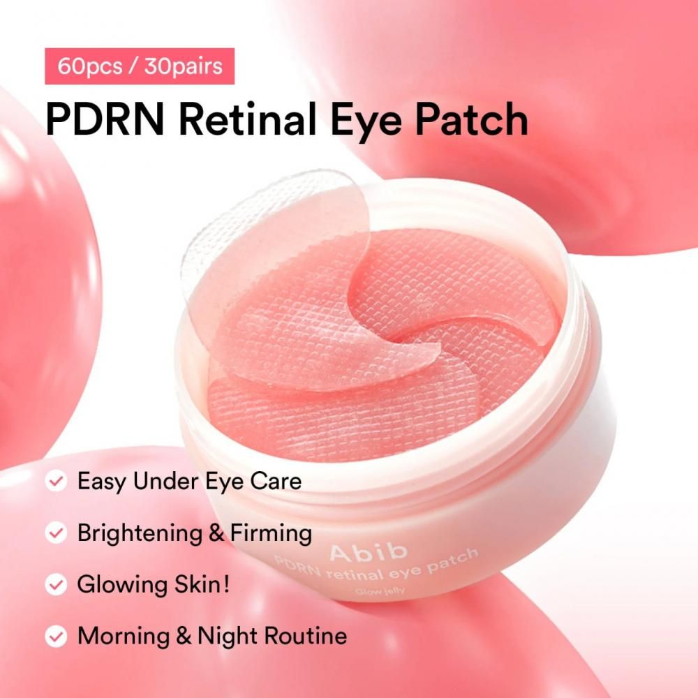 Barattolo aperto con cerotti per gli occhi. Scritta: PDRN Retinal Eye Patch. Testo: 60pcs/30pairs. Sfondo rosa con palline rosa.