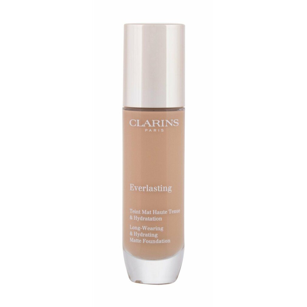 Fondotinta liquido in flacone di vetro con tappo bianco. Scritte: Clarins, Everlasting, Teint Mat Haute Tenue & Hydratation.