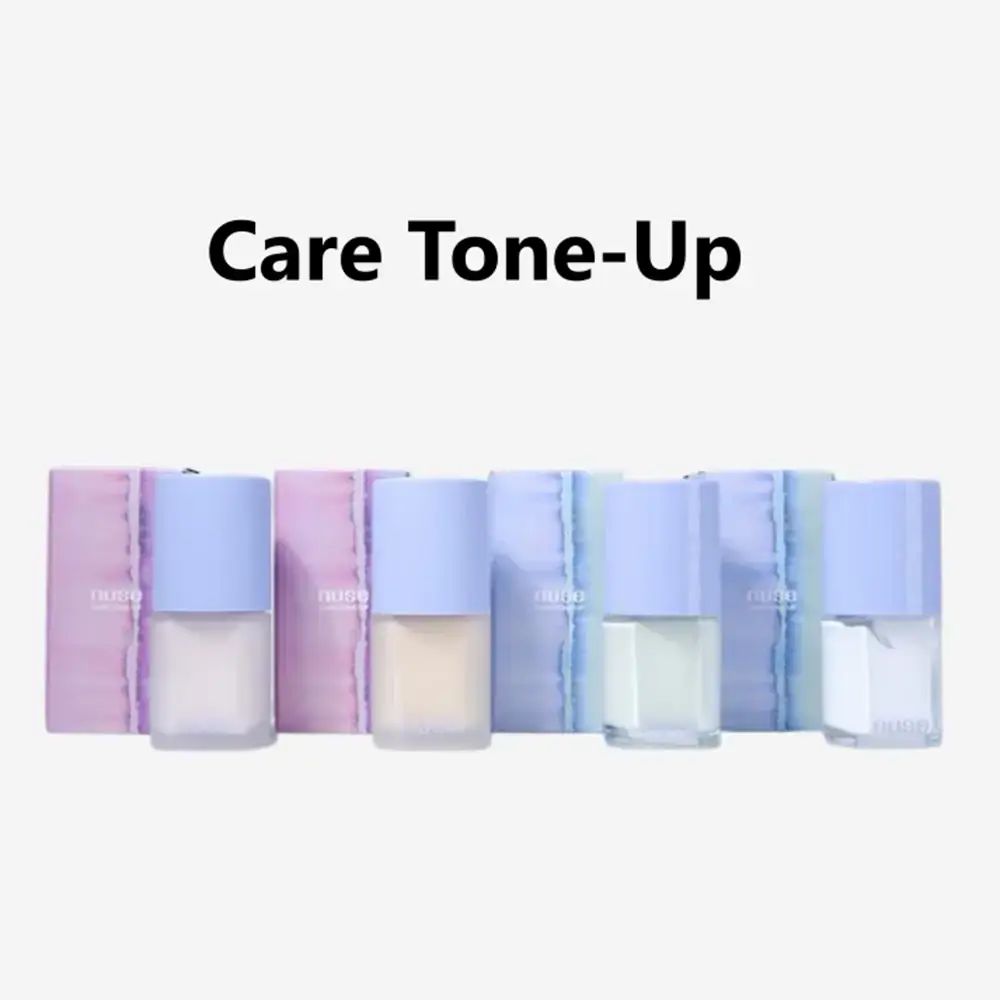Diverse bottiglie di NUSE Care Tone-up Primer. Scritta: nuse CARE TONE UP. Diversi colori e confezioni.