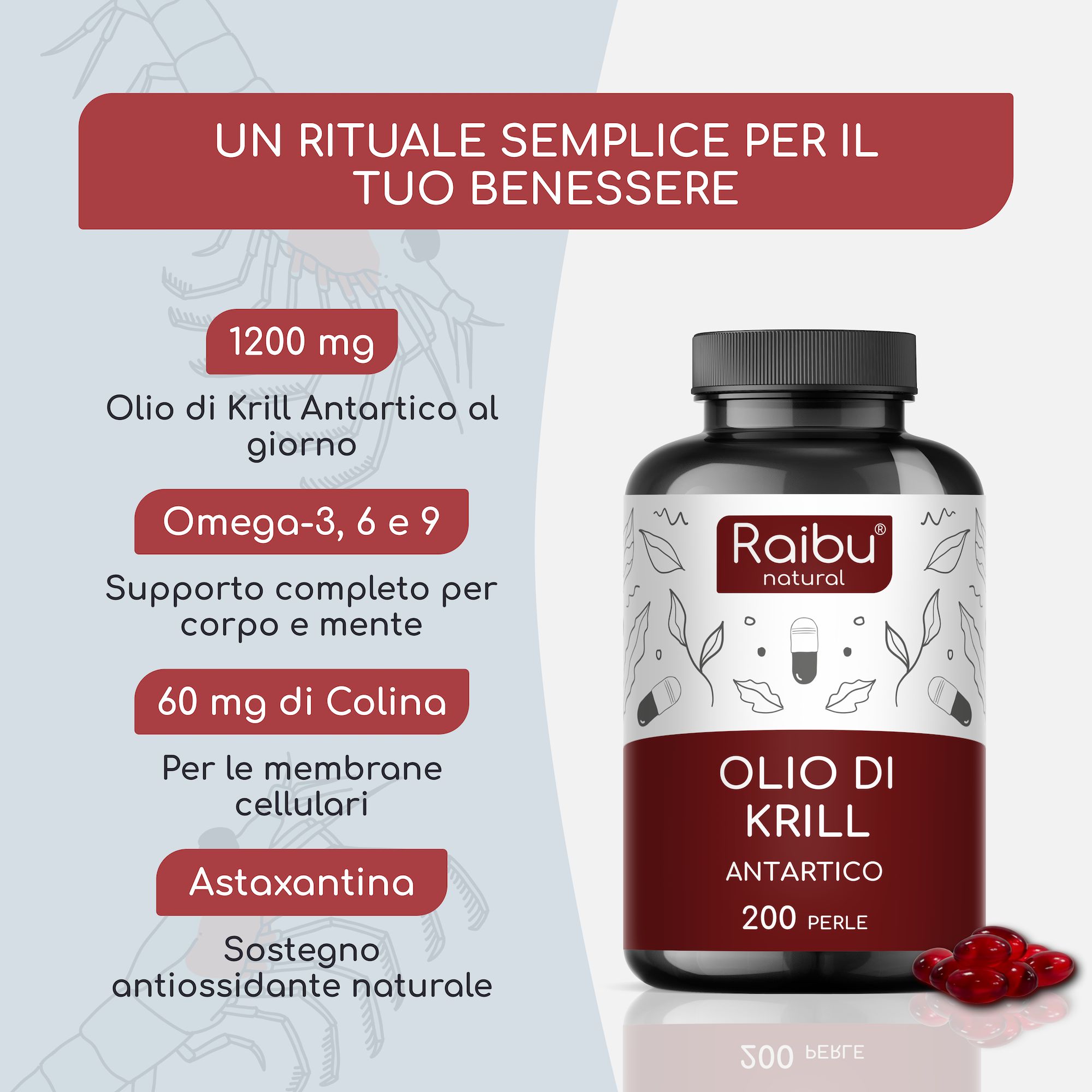 Flacone di capsule di olio di krill. Scritta: 1200 mg olio di krill, Omega-3, -6, -9, astaxantina. Capsule rosse accanto.