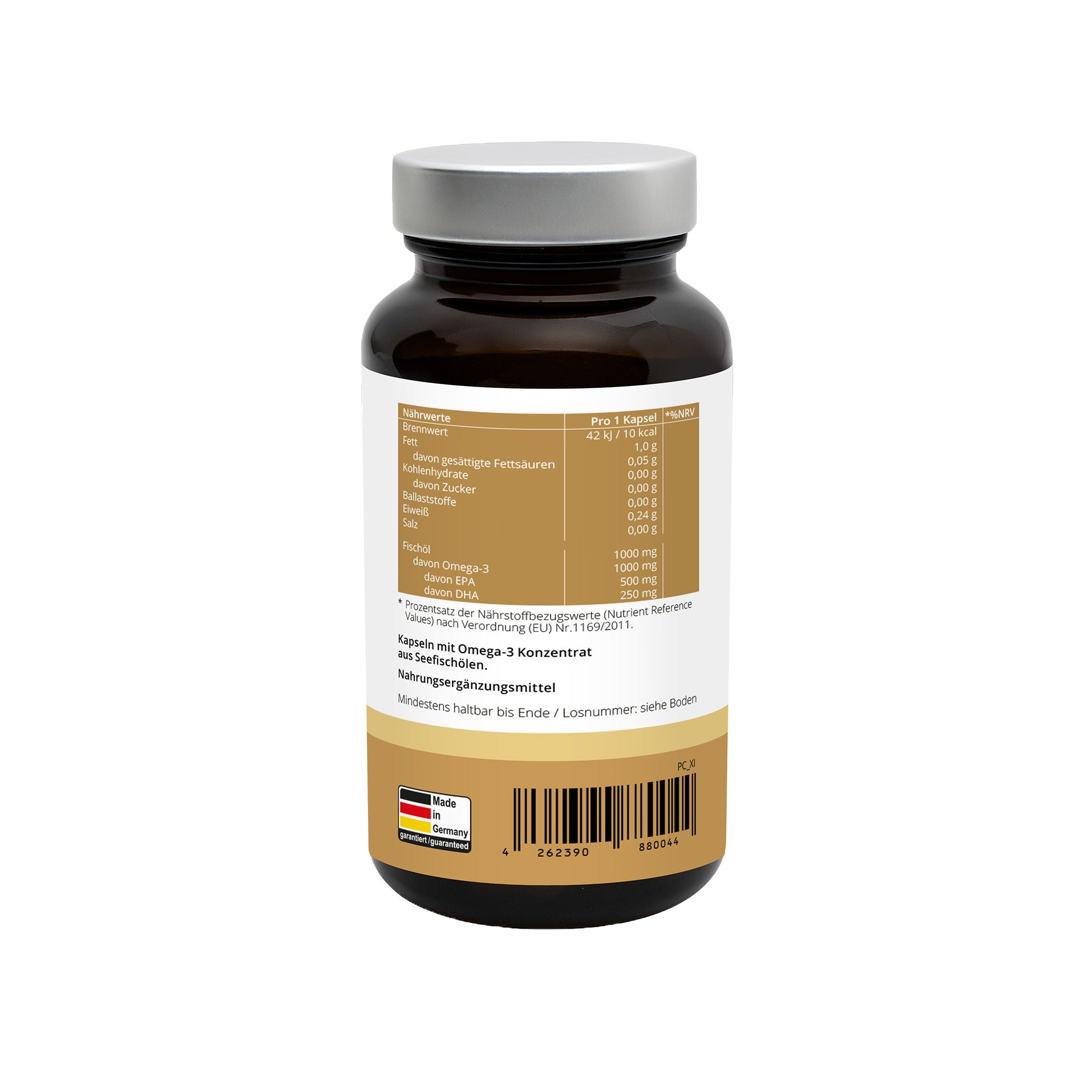 Retro del flacone con informazioni nutrizionali. Contiene concentrato di omega-3. Con codice a barre e Made in Germany.
