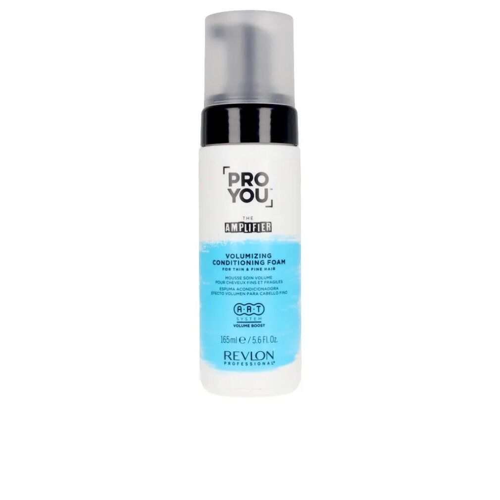Flacone bianco con etichetta nera e blu. Scritta: PRO YOU THE AMPLIFIER, Volumizing Conditioning Foam. 165ml.