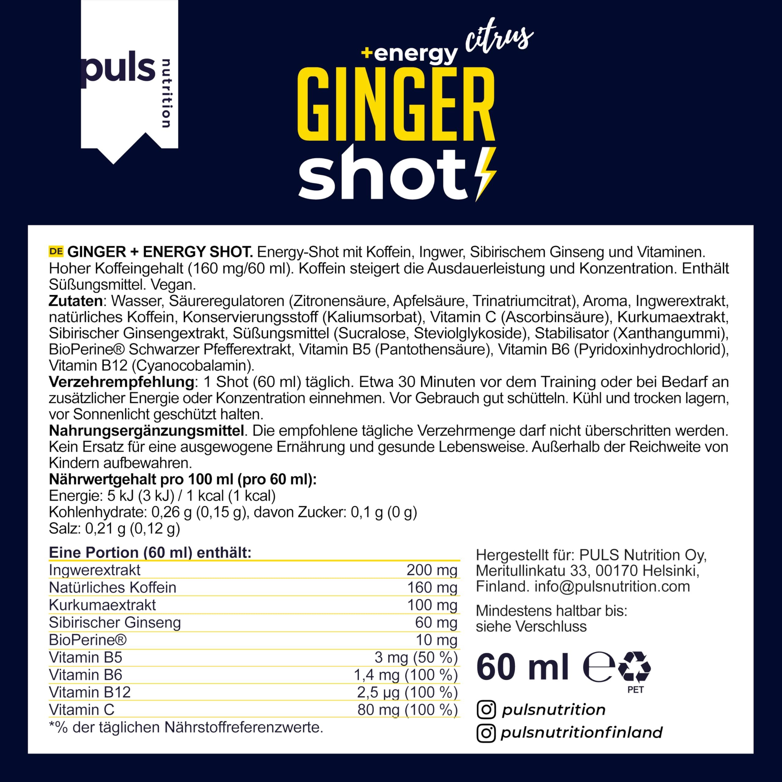 Retro di uno shot energetico allo zenzero con informazioni nutrizionali e lista ingredienti.