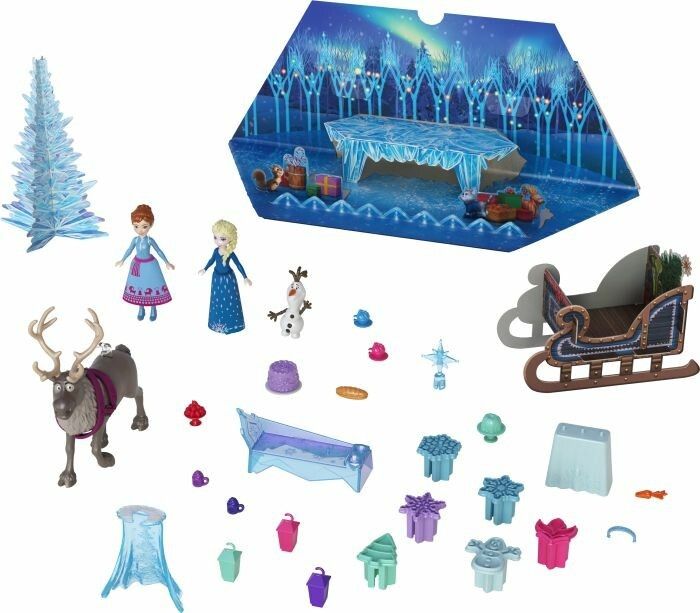 Accessori del calendario dell'Avvento: Elsa, Anna, Olaf, renna, slitta, mobili e decorazioni. Sfondo blu.