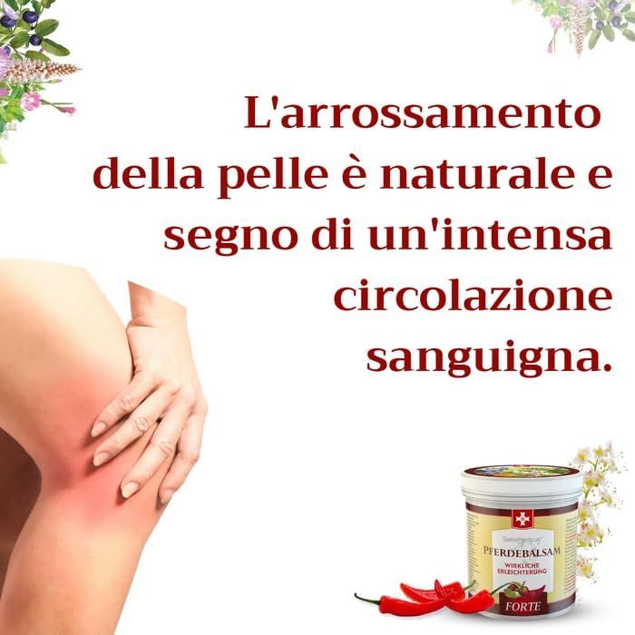 Immagine pubblicitaria con prodotto e gamba. Arrossamento al ginocchio. Prodotto: SwissMedicus Pferdebalsam FORTE.