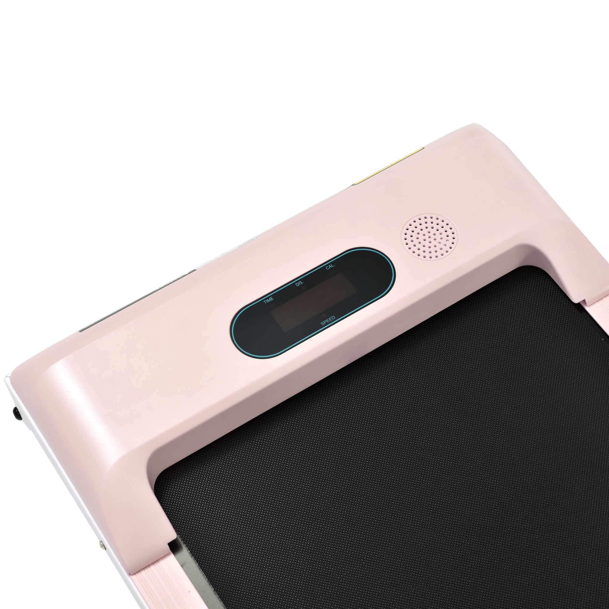 Primo piano del pannello di controllo del tapis roulant rosa. Display digitale, altoparlante. Superficie di corsa nera.