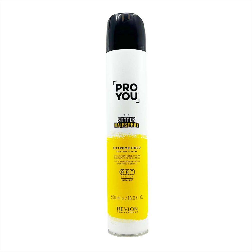 Bomboletta spray bianca e nera. Scritta: PRO YOU, THE SETTER HAIRSPRAY, EXTREME HOLD. Marchio: Revlon.