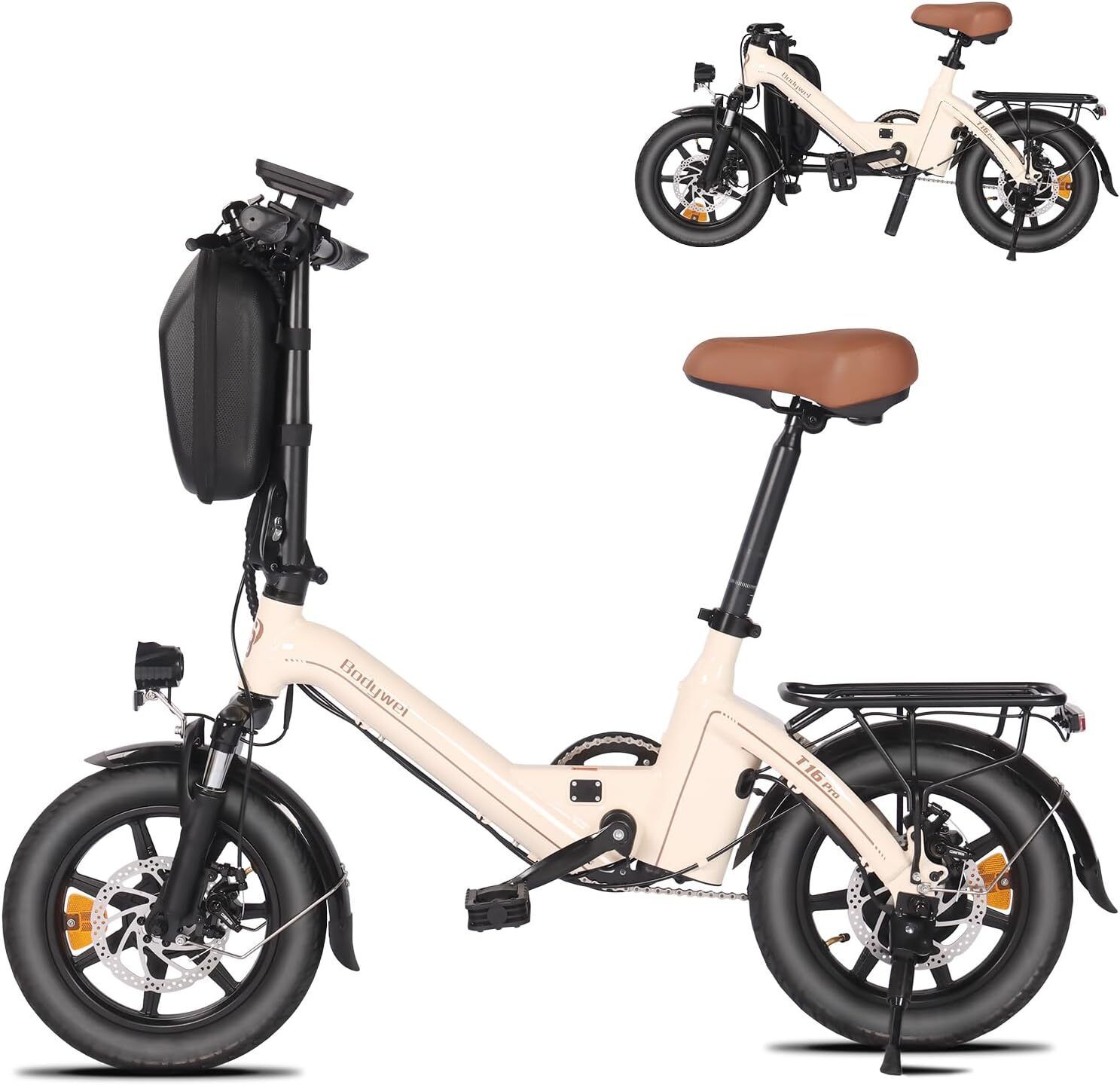 Bicicletta elettrica pieghevole crema, pneumatici neri, sella marrone. Portapacchi, parafanghi, freni a disco. Immagine piccola aggiuntiva.