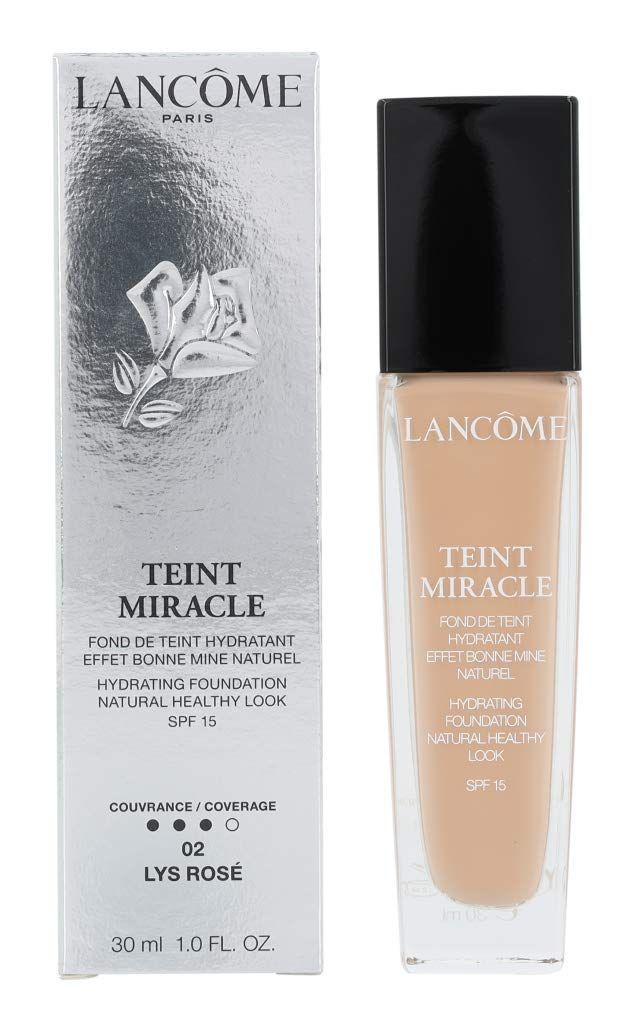 Fondotinta Lancôme Teint Miracle con scatola. Flacone e scatola. Testo: Teint Miracle, SPF 15, 02 Lys Rosé, 30 ml.
