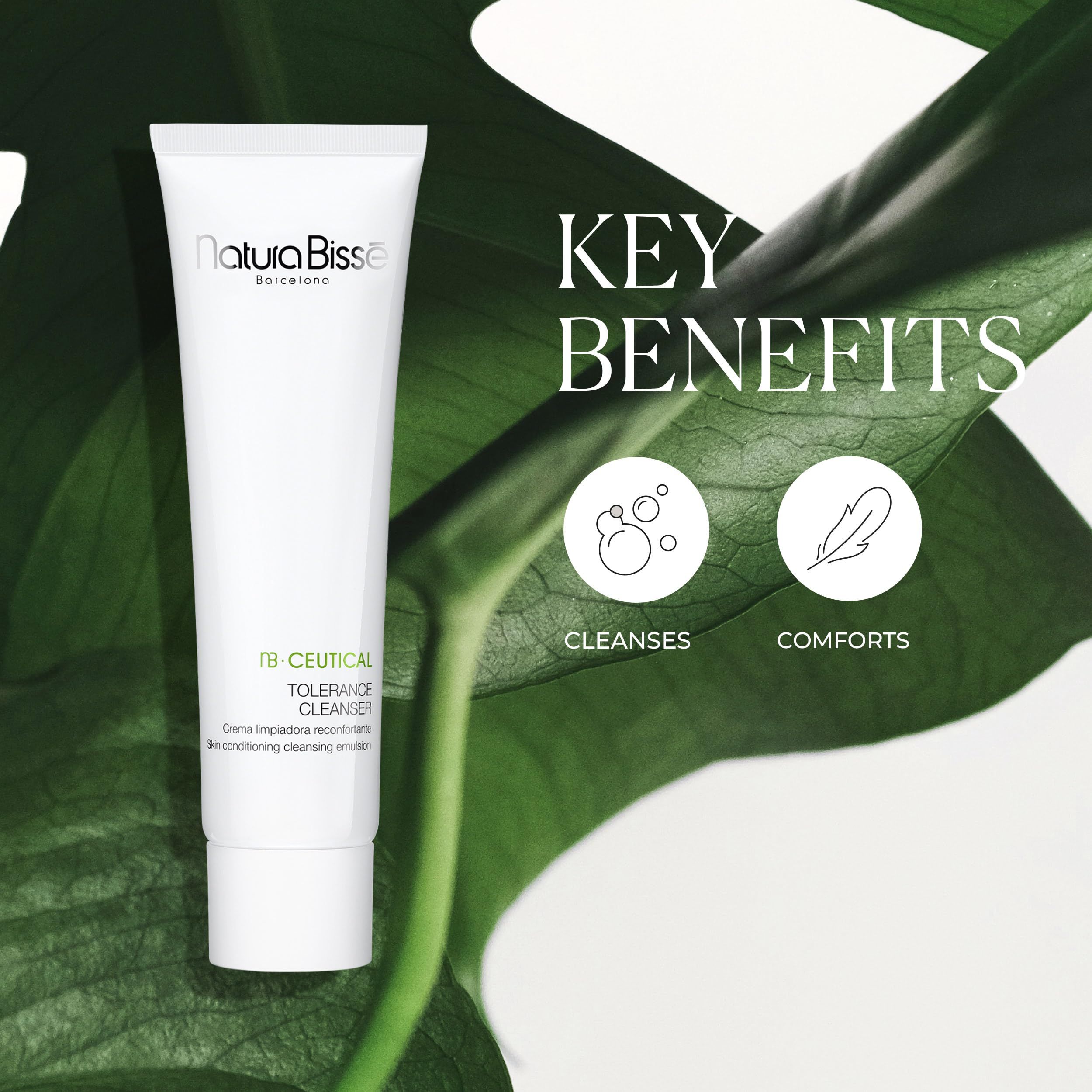 Tubo bianco davanti a foglia verde. Testo: nb-ceutical Tolerance Cleanser. Key Benefits: Cleanses, Comforts.