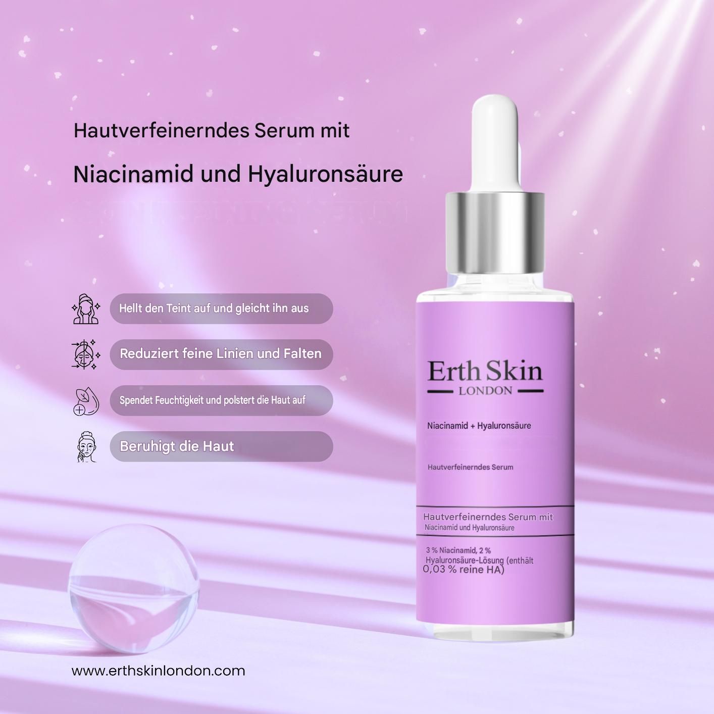 Siero affinante per la pelle Niacinamide e Acido Ialuronico di Erth Skin London, flacone da 30ml.